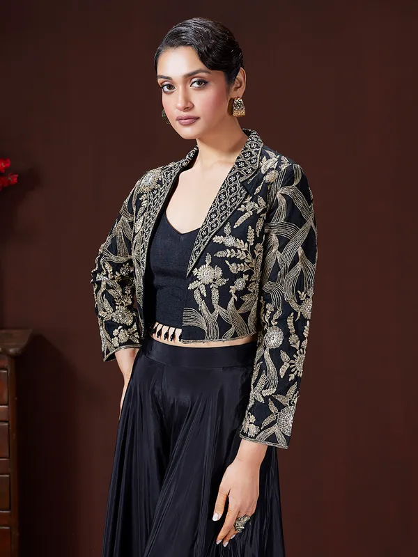 Black crepe silk palazzo suit with jacket