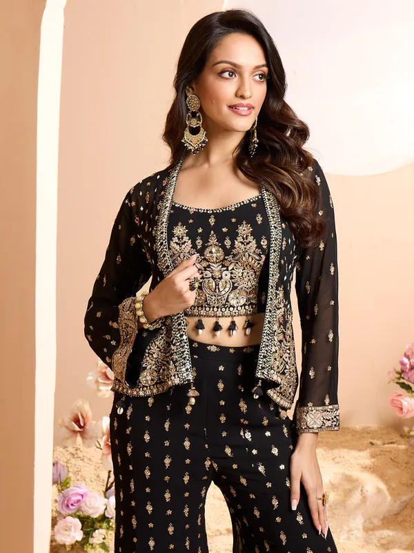 Black crop top sytle georgette palazzo suit