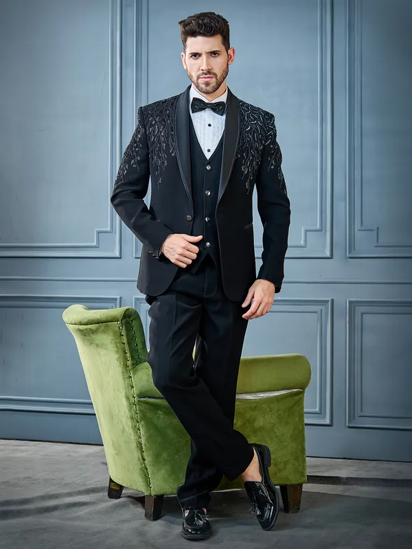 Black crystal embellished terry rayon tuxedo suit