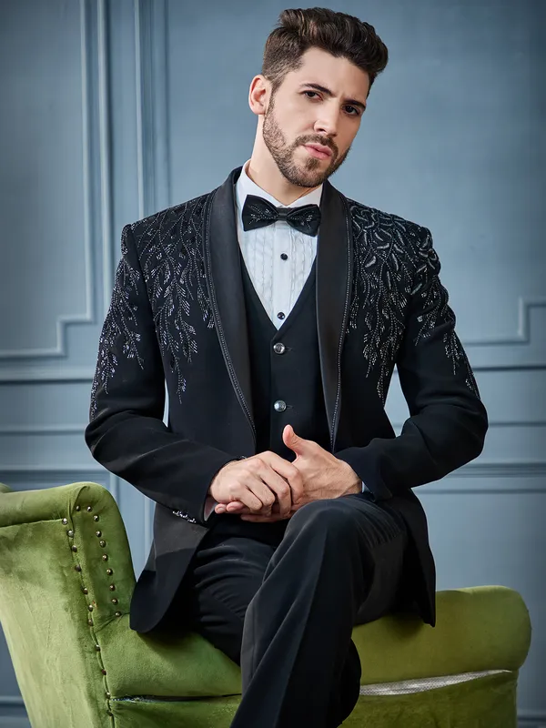 Black crystal embellished terry rayon tuxedo suit