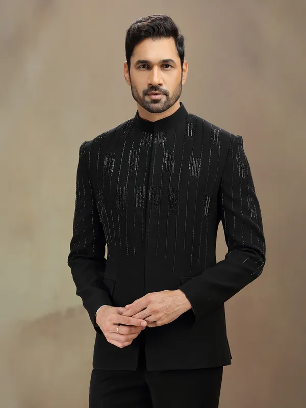 Black cutdana worked terry rayon jodhpuri suit