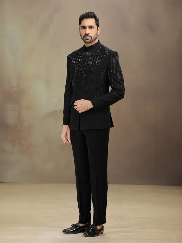 Black cutdana worked terry rayon jodhpuri suit