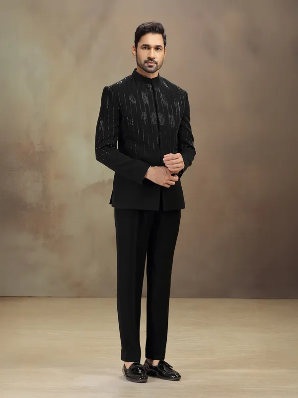 Black cutdana worked terry rayon jodhpuri suit