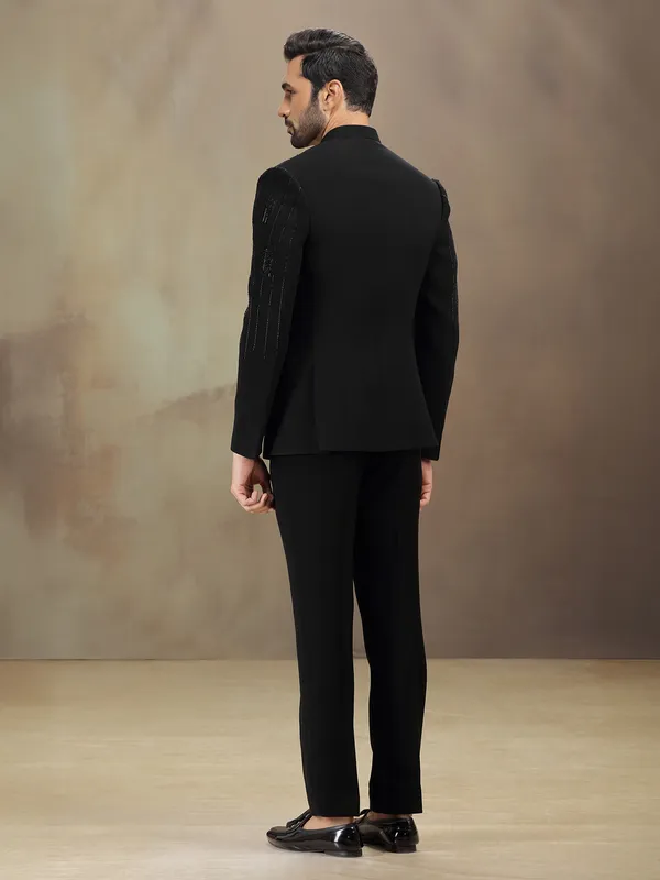 Black cutdana worked terry rayon jodhpuri suit