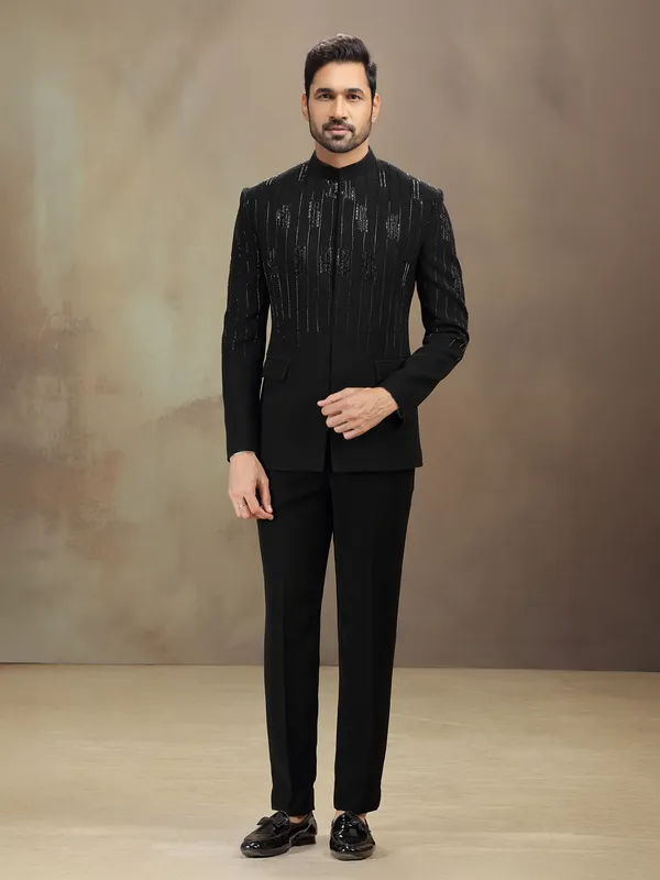 Black cutdana worked terry rayon jodhpuri suit