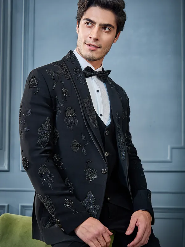 Black designer tuxedo suit in rich work