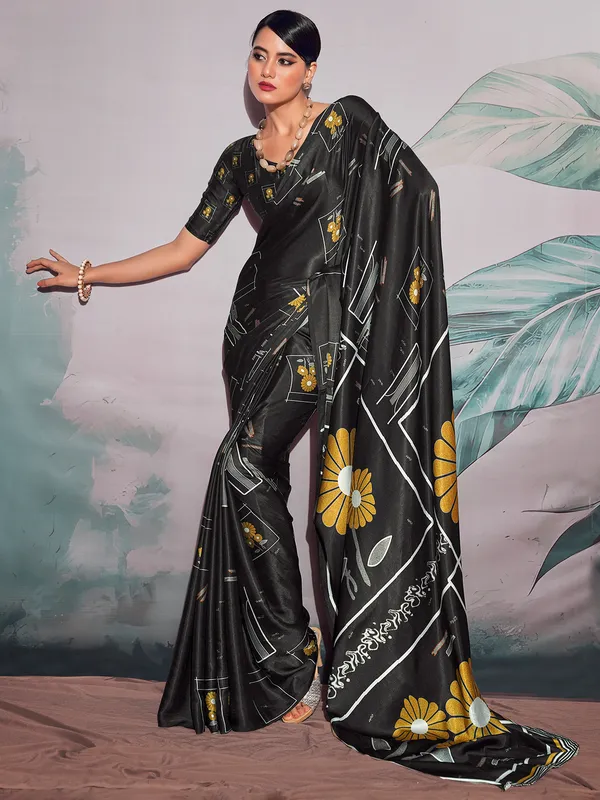 Black digital printed saree in satin crepe