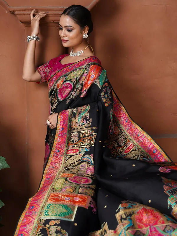 Black dola silk saree in resham woven
