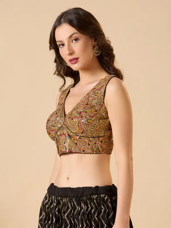 Black embroidered georgette ready made blouse with V neck