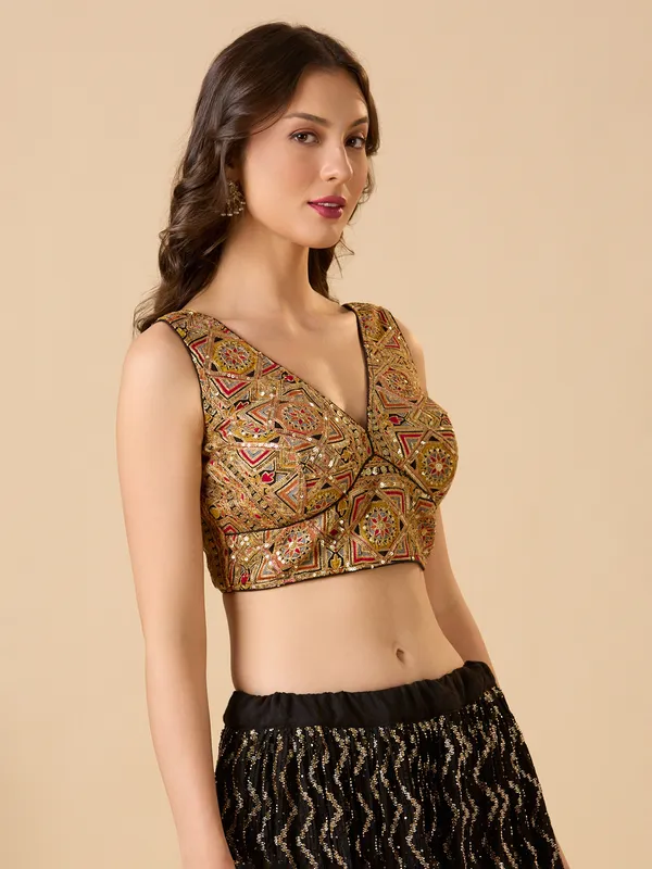 Black embroidered georgette ready made blouse with V neck