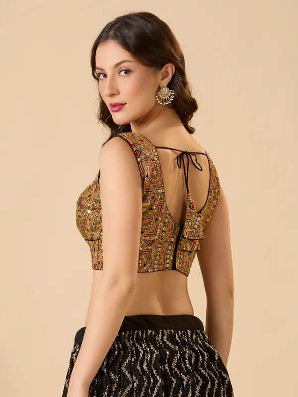 Black embroidered georgette ready made blouse with V neck