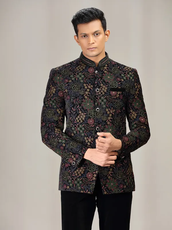 Black embroidered jodhpuri suit for wedding