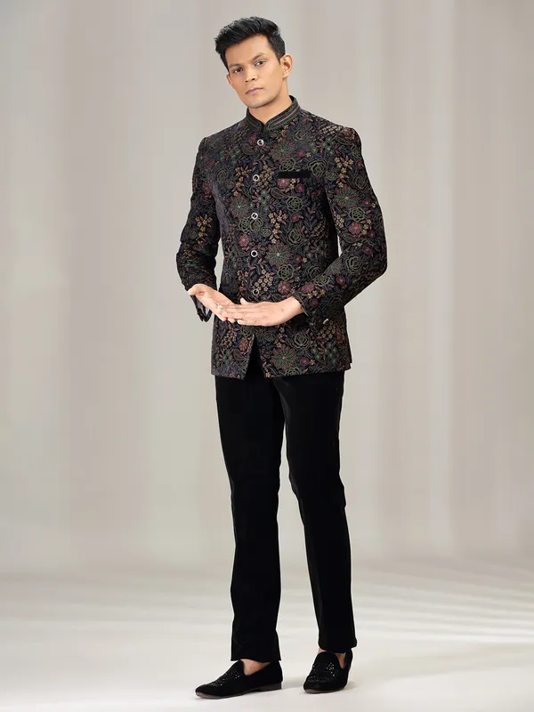 Black embroidered jodhpuri suit for wedding