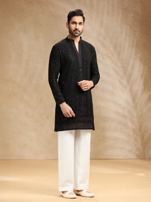 Black embroidered kurta pajama in soft georgette
