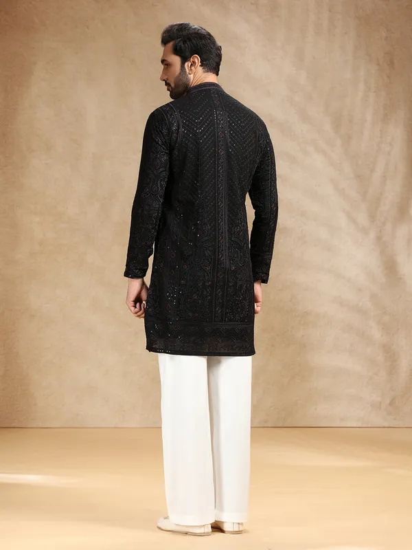 Black embroidered kurta pajama in soft georgette