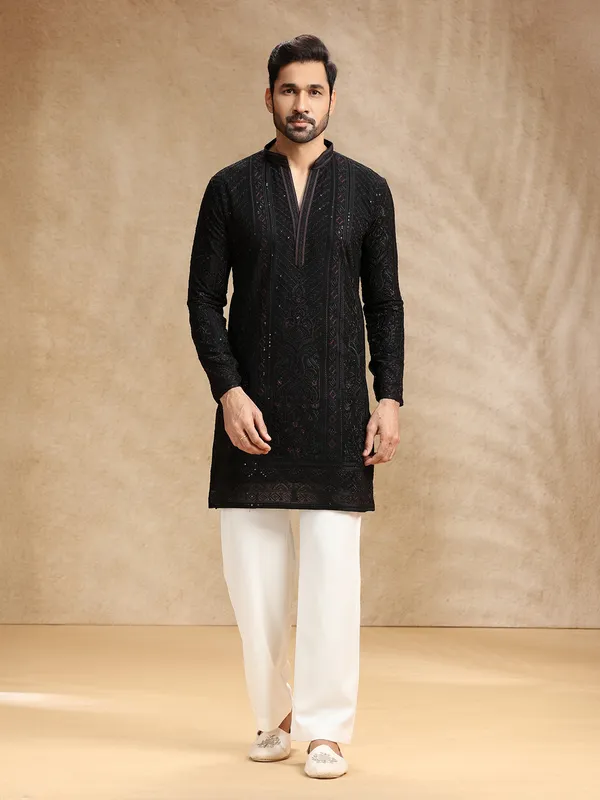 Black embroidered kurta pajama in soft georgette