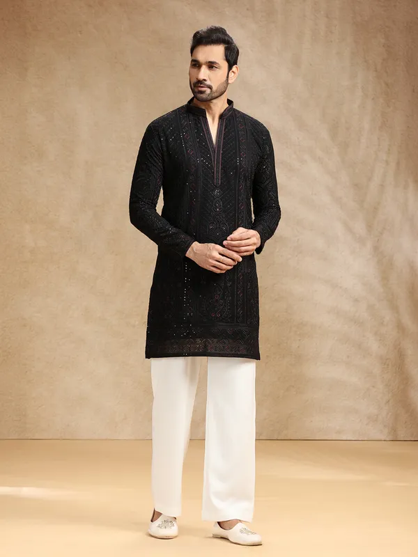 Black embroidered kurta pajama in soft georgette