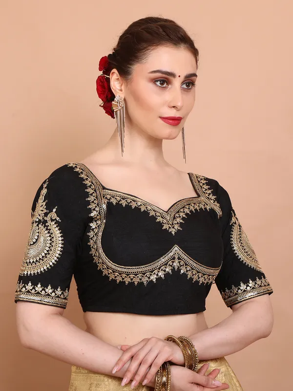 Black embroidered silk ready made blouse