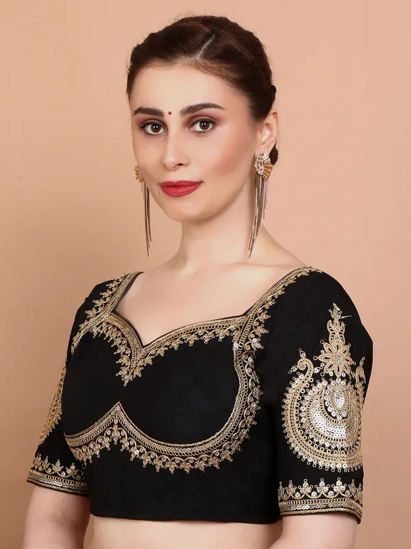 Black embroidered silk ready made blouse