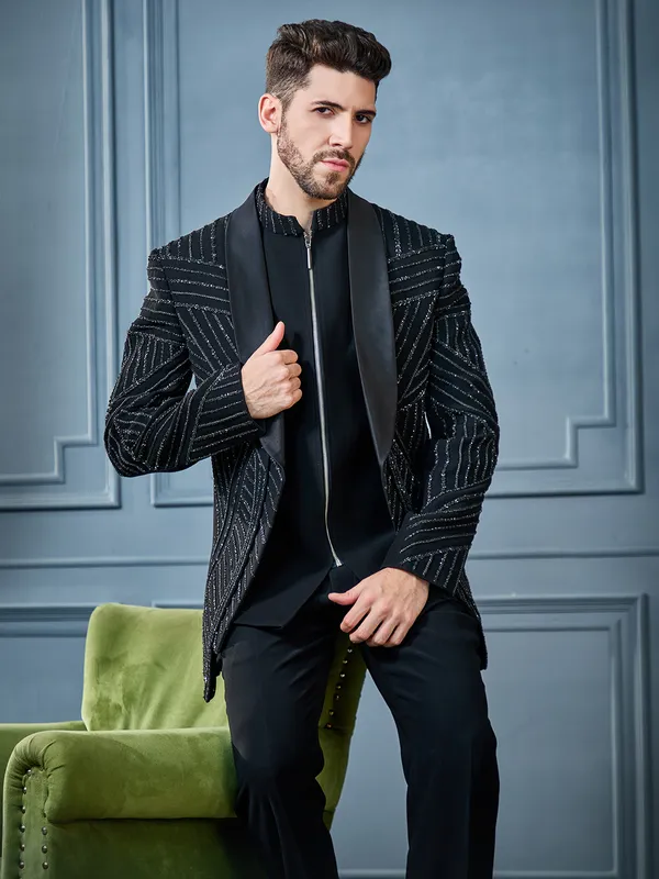 Black embroideried terry rayon coat suit