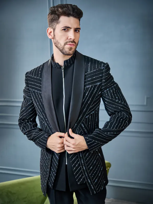 Black embroideried terry rayon coat suit
