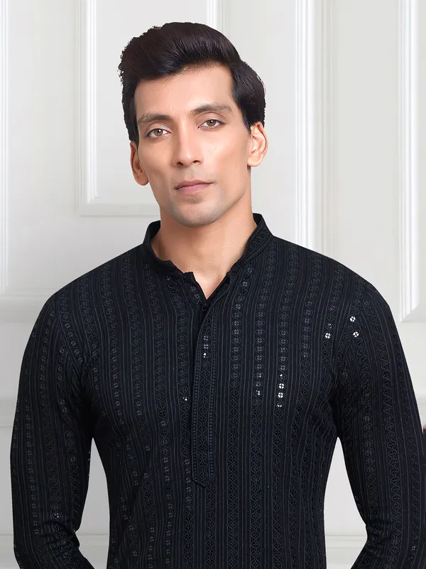 Black embroidery  Men Kurta pajama in rayon cotton