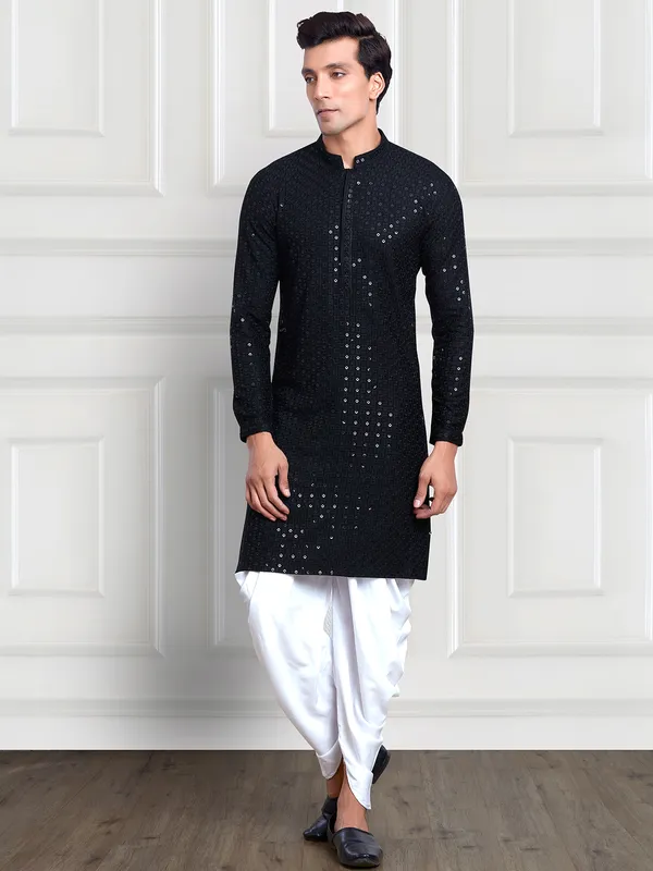 Black embroidery kurta with peshawari dhoti