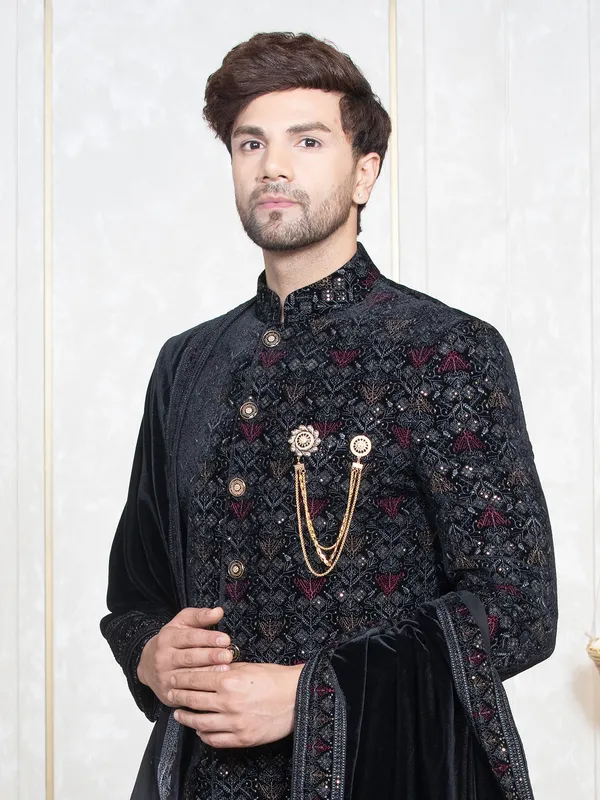 Black embroidery velvet indowestern