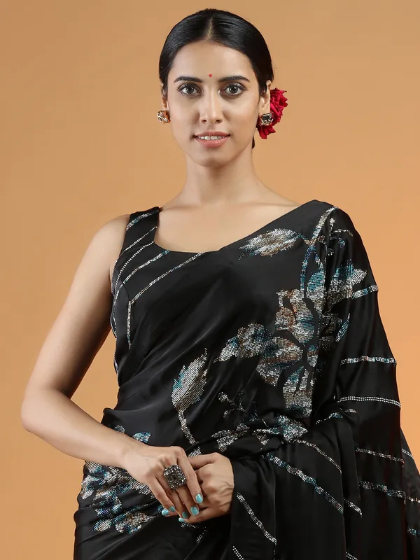 Black fabulous satin silk  saree for party events