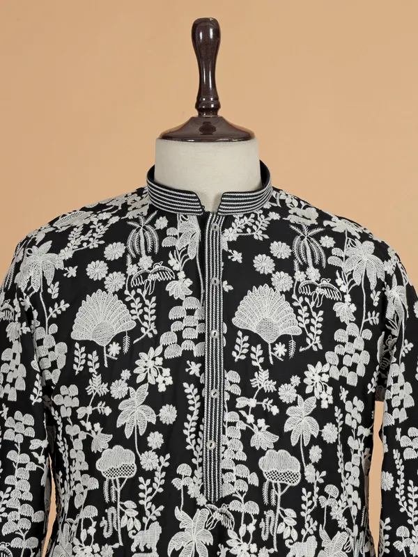Black festive cotton silk kurta suit for men
