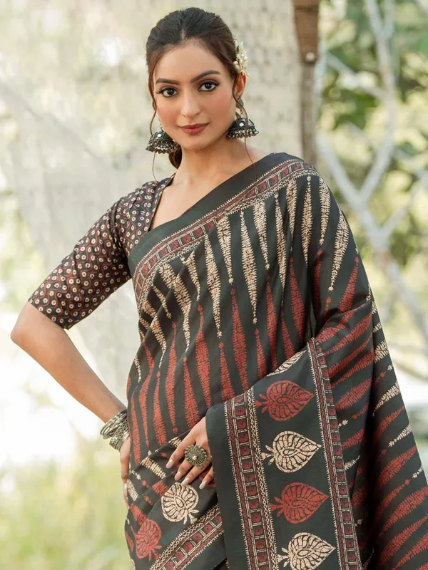 Black festive wear printed cozi silk saree