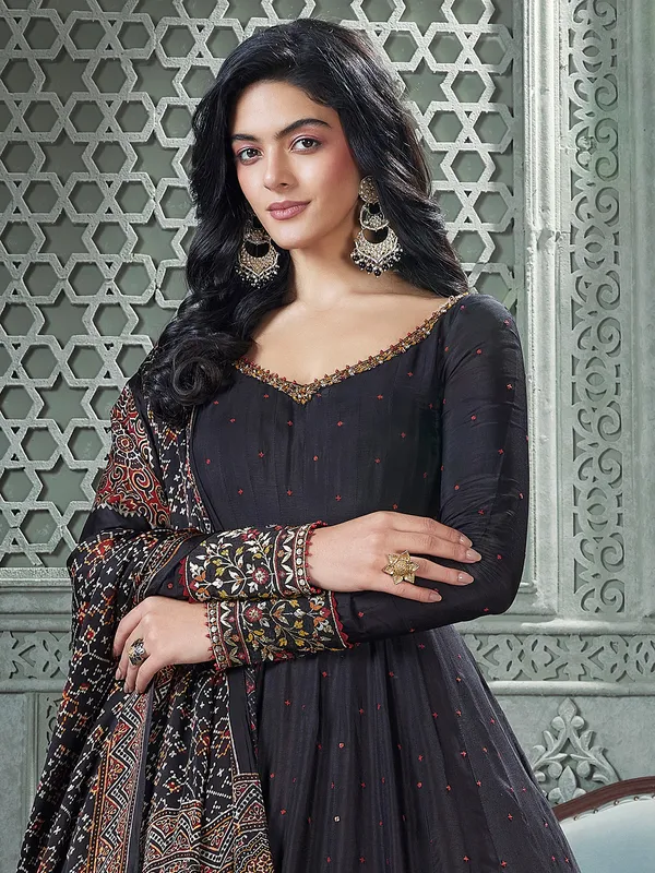 Black floor length anarkali suit with printed dupatta