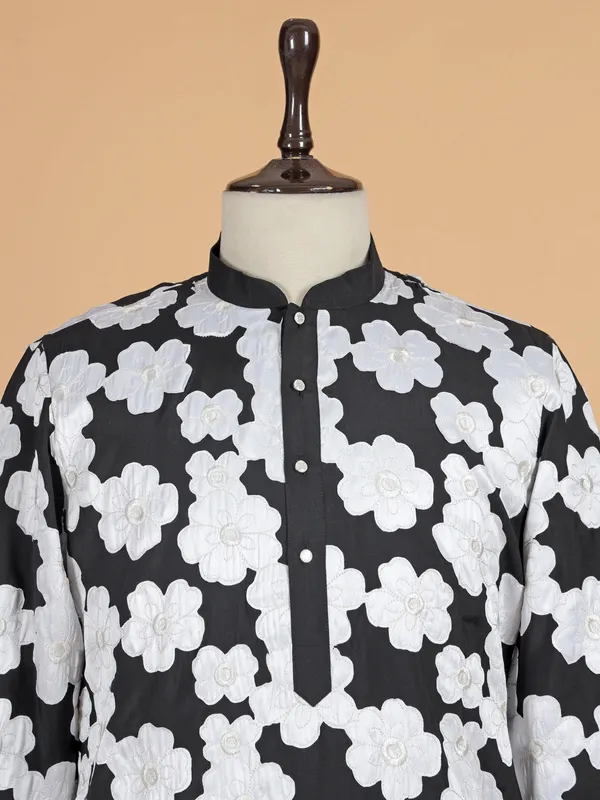 Black floral printed cotton kurta suit for festive