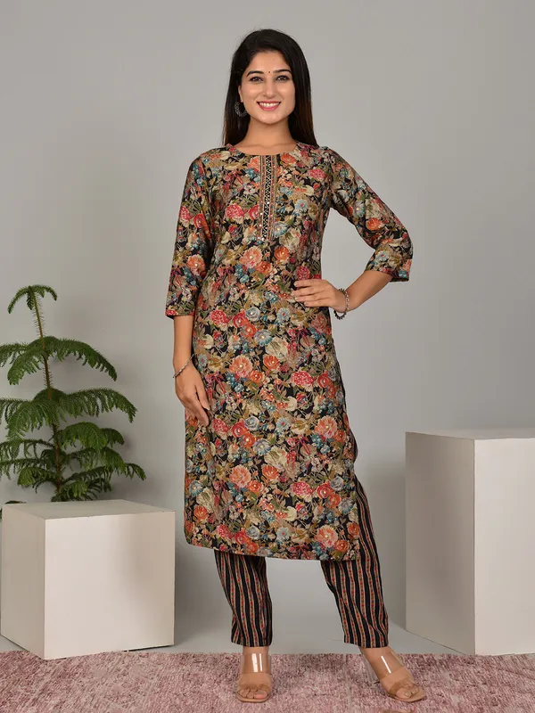 Black floral printed kurti set with dupatta