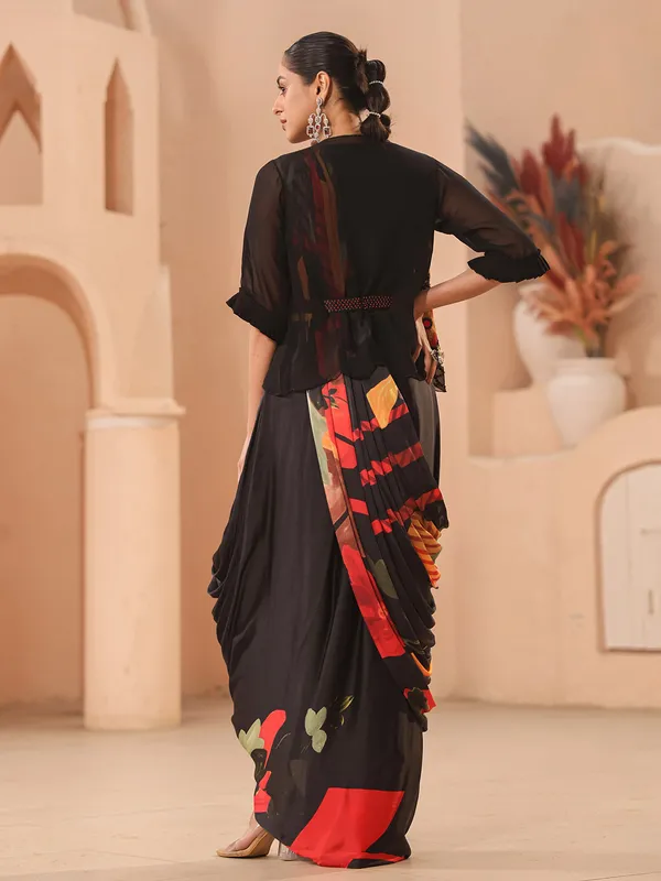 Black floral printed saree with jacket