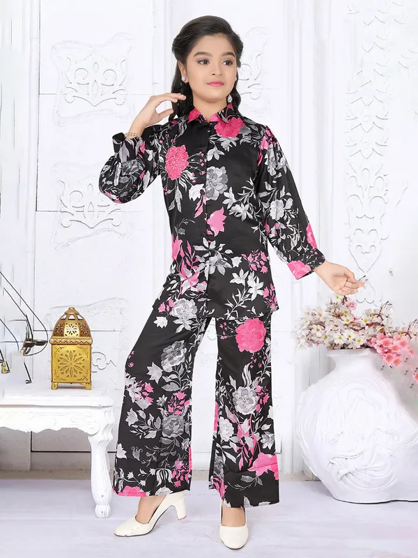 Black floral printed silk co ord set