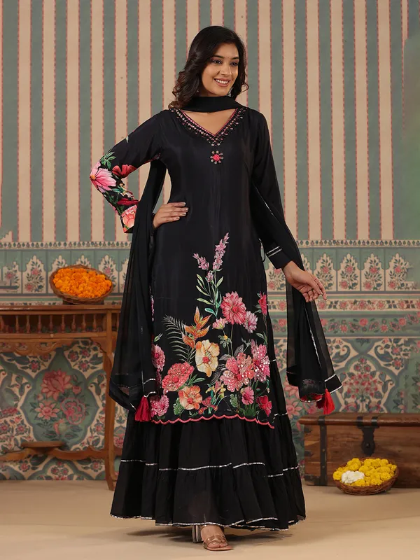 Black floral printed silk long kurti