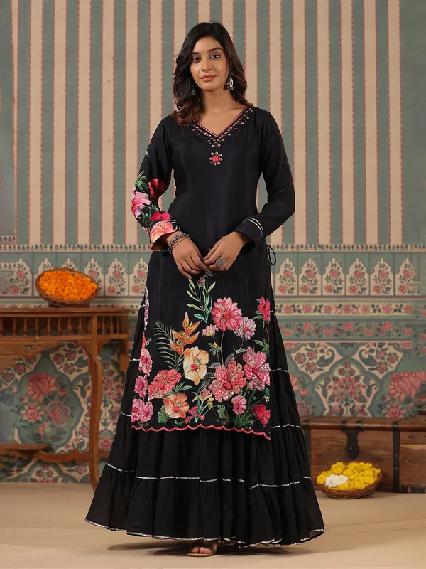 Black floral printed silk long kurti