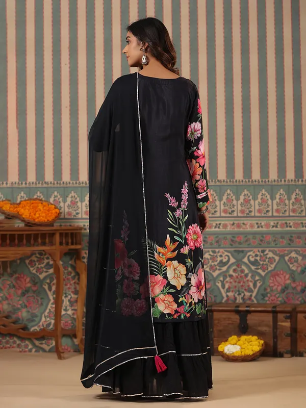 Black floral printed silk long kurti