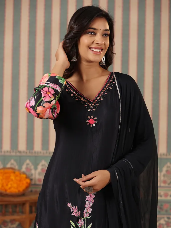 Black floral printed silk long kurti
