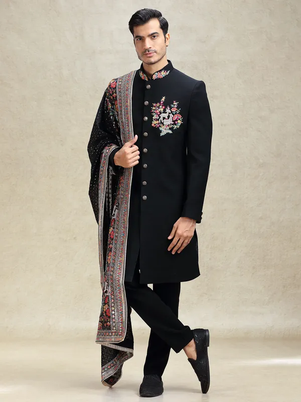 Black flower embroidered terry rayon sherwani