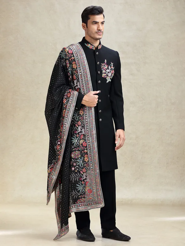 Black flower embroidered terry rayon sherwani