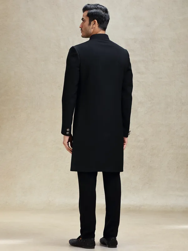 Black flower embroidered terry rayon sherwani