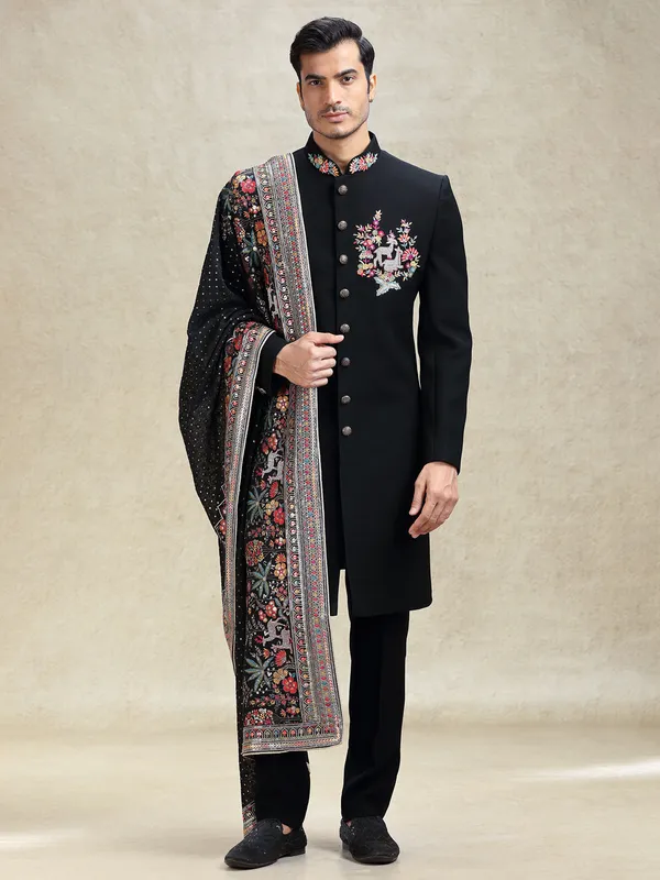 Black flower embroidered terry rayon sherwani