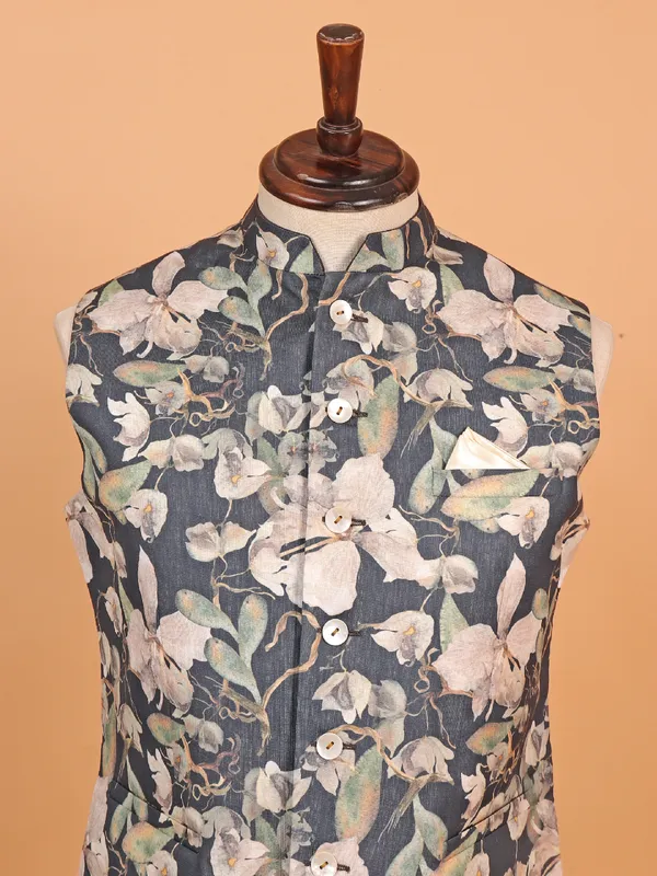 Black flower floral printed waist coat for men