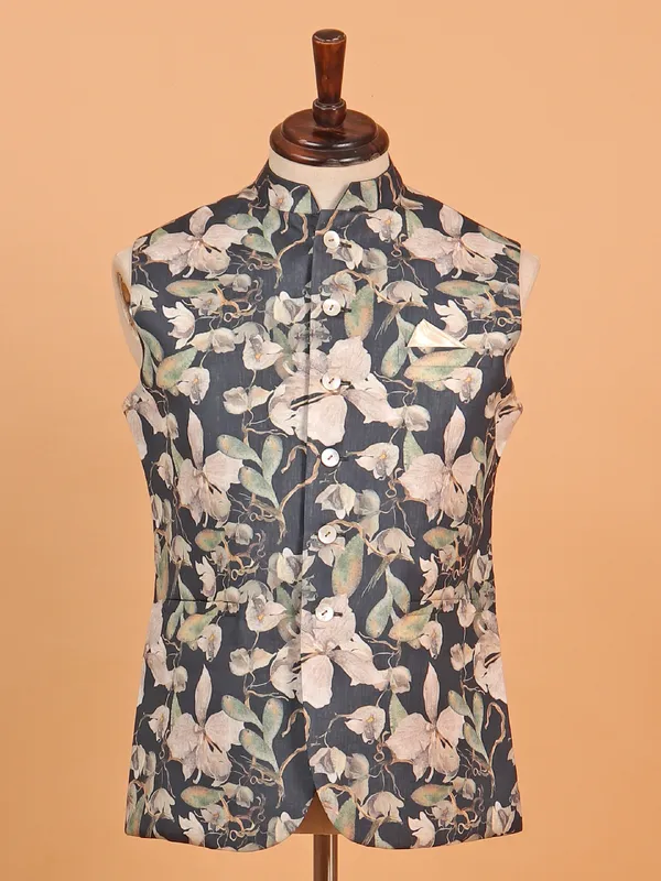 Black flower floral printed waist coat for men