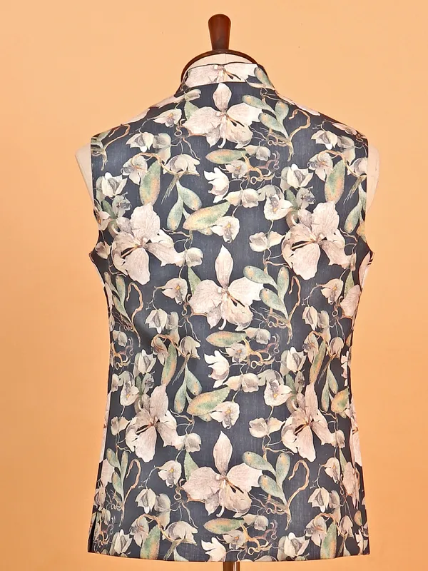 Black flower floral printed waist coat for men