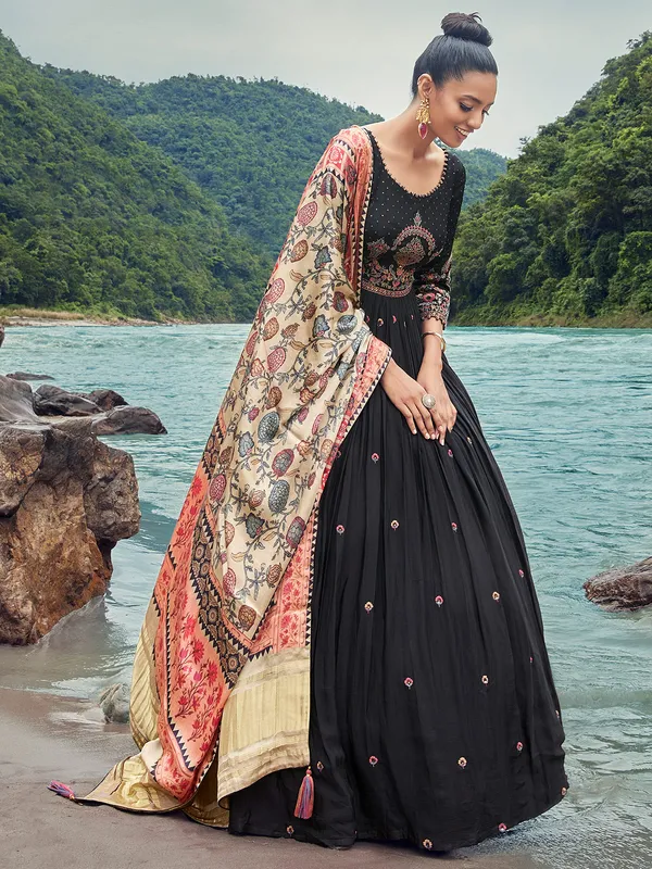Black georgette anarkali suit with printed dupatta