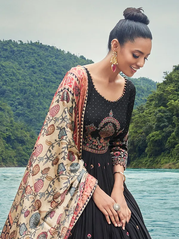Black georgette anarkali suit with printed dupatta