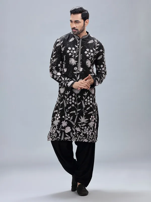 Black georgette embroidery kurta set for men
